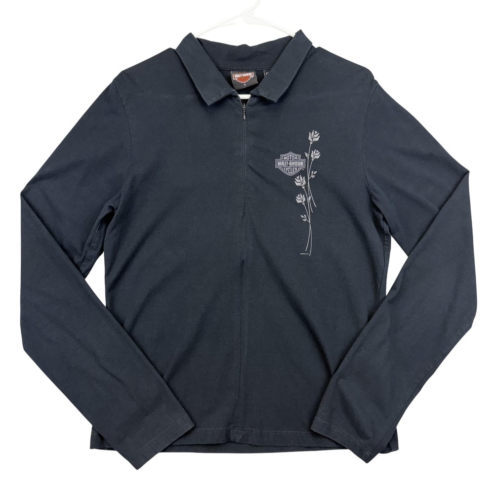 Harley-Davidson Polo Shirt Womens Large Black Floral Long Sleeve 1/2 Zip Biker